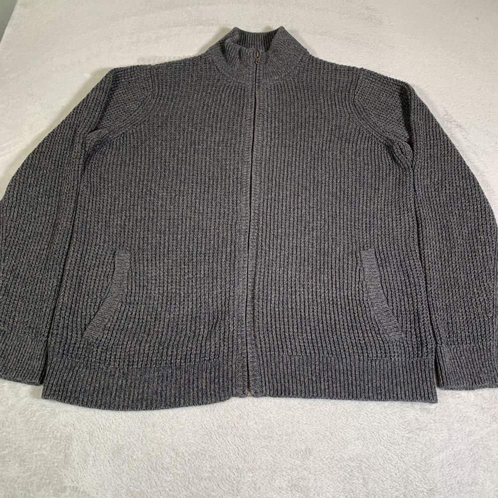 LL Bean Sweater Mens LT Gray Full Zip Mock Neck Organic Cotton Chunky Knit